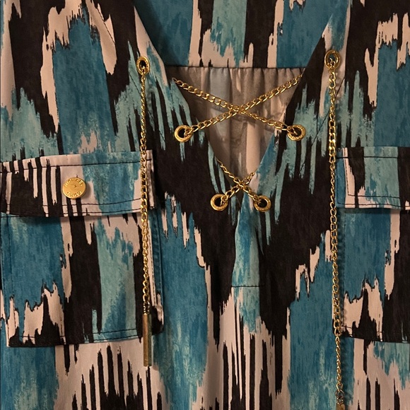 Michael Kors Turquoise and Black Dress with gold Chain Accents and details - Picture 3 of 6